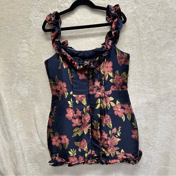Lulus Pop the Bottle Navy Blue Floral Jacquard Ruffled Mini Dress medium - Picture 5 of 10